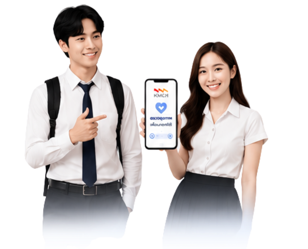 นักศึกษาชายและนักศึกษาหญิงถือโทรศัพท์แสดงระบบตรวจสุขภาพ KMCH
